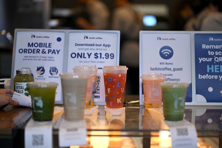 Drink orders ready for pickup or delivery inside one of the Manhattan Luckin shops on Monday.