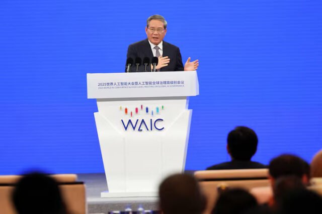 Chinese Premier Li Qiang speaks during the opening ceremony of World Artificial Intelligence Conference in Shanghai, China, July 26, 2025. REUTERS/Xihao Jiang