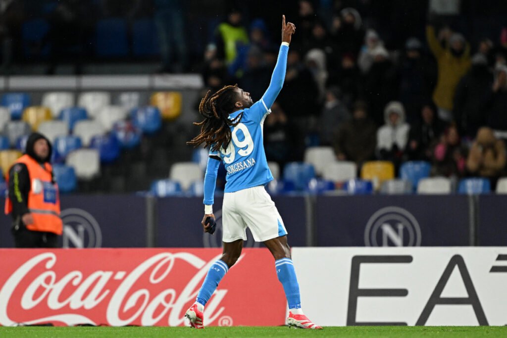 NAPLES, ITALY - JANUARY 12: Frank Anguissa of Napoli celebrates after scoring his side second goal during the Serie A match between Napoli and Verona at Stadio Diego Armando Maradona on January 12, 2025 in Naples, Italy. (Photo by Francesco Pecoraro/Getty Images) (Chelsea links)