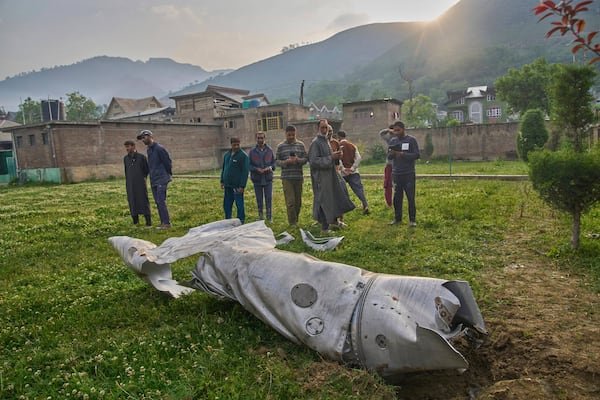 FILE - Debris of an aircraft lie in the compound of a mosque at Pampore in Pulwama district of Indian controlled Kashmir, Wednesday, May 7, 2025. (AP Photo/Dar Yasin, File)