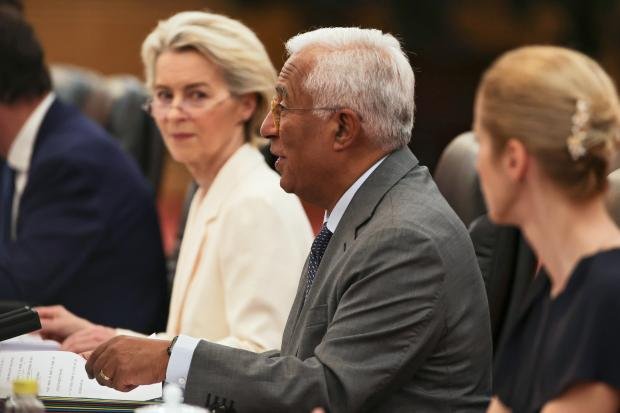 European Council President António Costa, center, speaks, as European Commission...