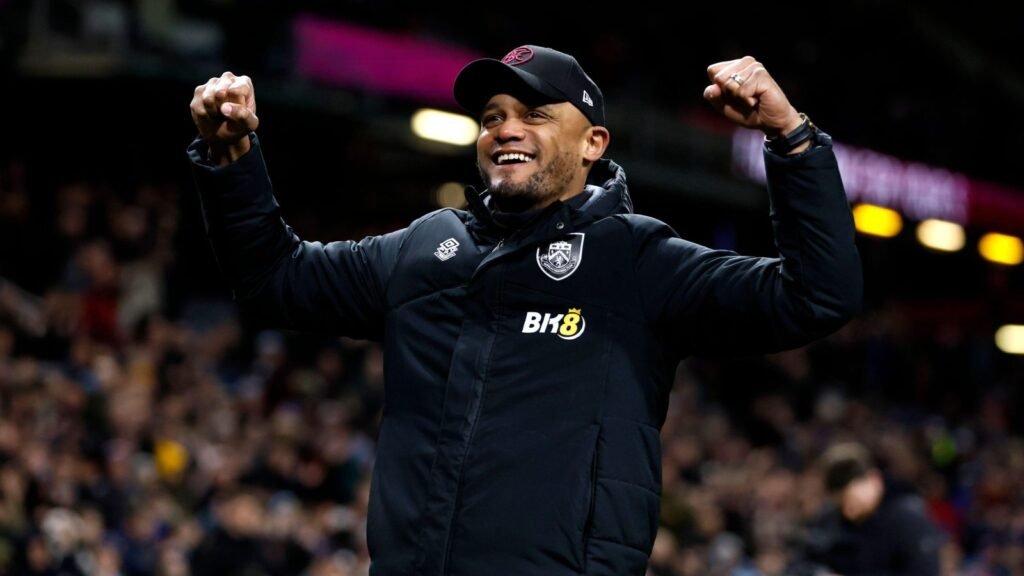 Burnley manager Vincent Kompany celebrates after the Sky Bet Championship match at Turf Moor, Burnley. Picture date: Monday April 10, 2023.