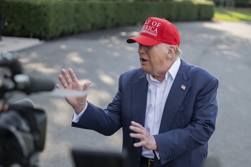 President Donald Trump speaks to the Press before departs at the White House to Alligator Alcatraz, Florida