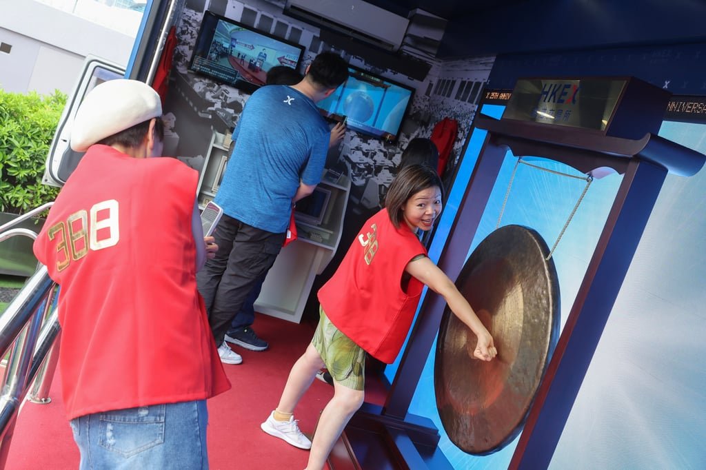 The ceremonial gong used by the Hong Kong Exchanges and Clearing Limited (HKEX) to mark the commencement of trading of a new stock went on a citywide road show on June 20, 2025. Photo: Edmond So