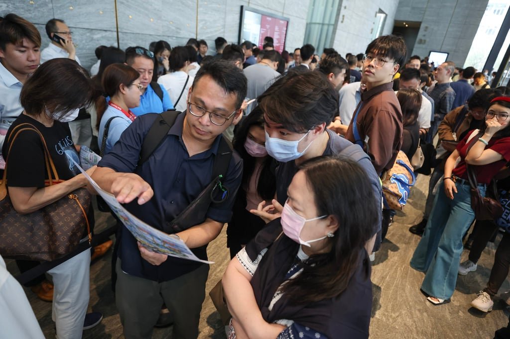 Potential buyers at the sales office of Deep Water Pavilia project in June 2025. Photo: Edmond So