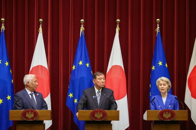 (L-R) European Council President Antonio Costa, Japanese Prime Minister Ishiba Shigeru and European Commission President Ursula Von Der Leyen attend a join press conference after their meeting at Prime Minister Office. Christophe Licoppe/European Commission/dpa