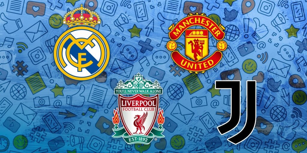 A custom image of the badges of Real Madrid, Manchester United, Liverpool and Juventus