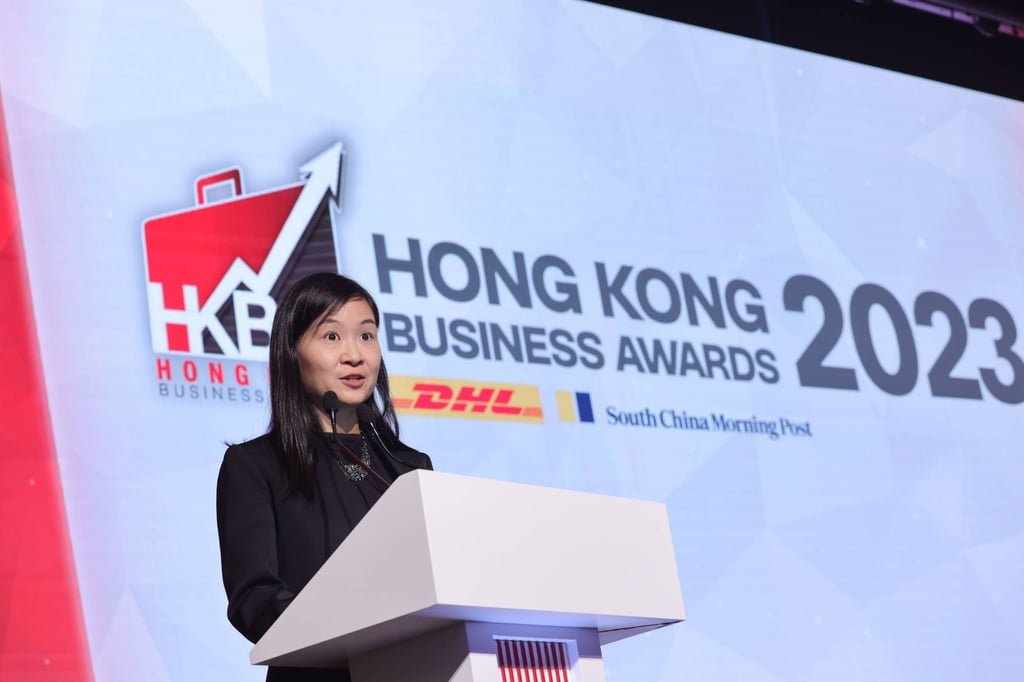 Catherine So, CEO of SCMP, spoke at the annual gala dinner of the DHL-SCMP Hong Kong Business Awards on December 7, 2023. Photo: May Tse