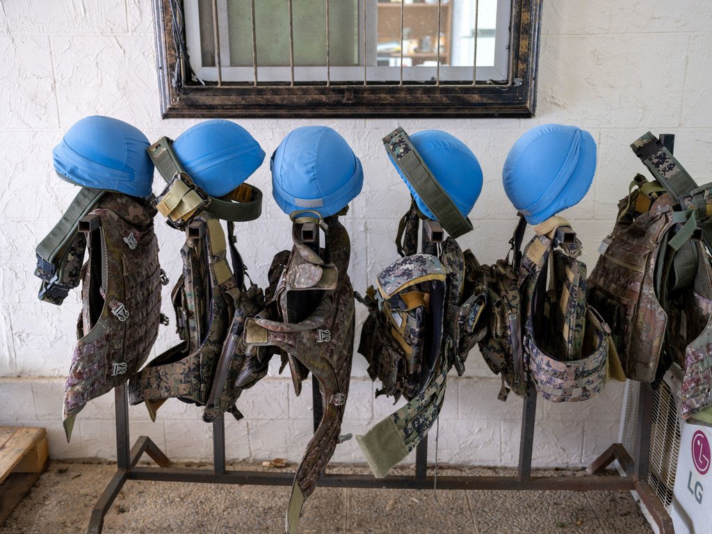 Blue helmets and bulletproof vests belonging to peacekeepers serving with United Nations Interim Force In Lebanon (UNIFIL).