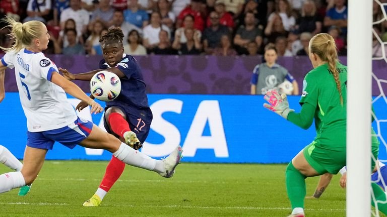 France's Sandy Baltimore scores her side's second goal against England