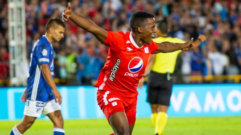 Jhon Arias of America de Cali celebrates a goal during the soccer match between Millonarios and America de Cali on 19 January 2020