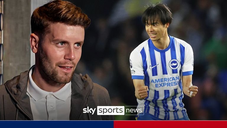 Brighton's Kaoru Mitoma celebrates after the English Premier League soccer match between Brighton and Liverpool at American Express Stadium in Brighton, England, Monday, May 19, 2025.