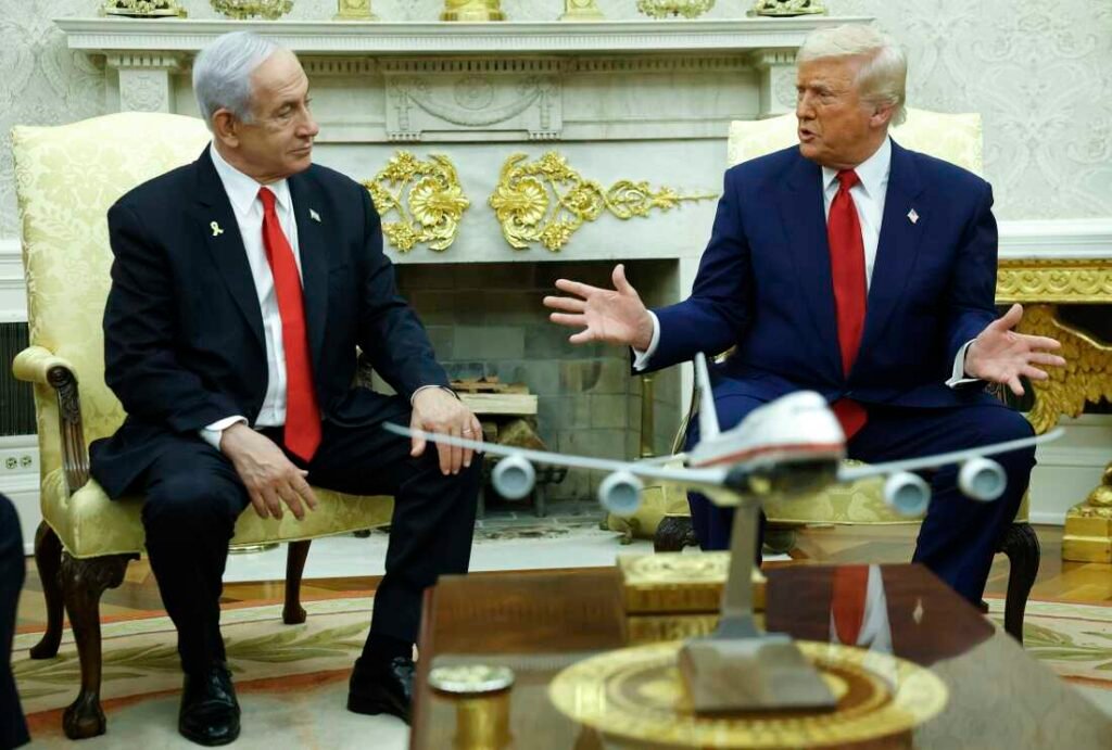 President Donald Trump speaks alongside Israeli Prime Minister Benjamin Netanyahu during a meeting in the Oval Office of the White House on April 7, 2025, in Washington, D.C. Netanyahu and Trump are to meet again on Monday.