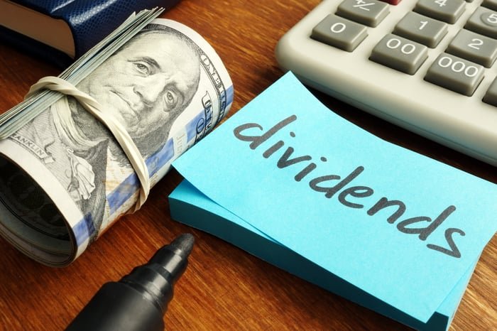 The word dividends next to a roll of money and a calculator.