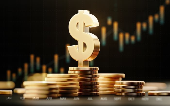 A large golden dollar sign on a stack of gold coins.