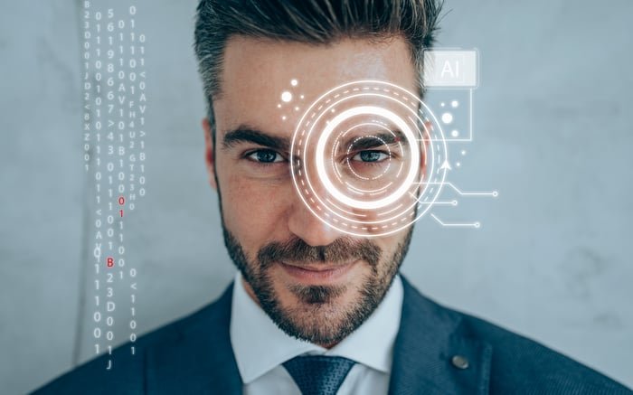 A person staring straight ahead with a depiction of a digital spinning wheel over one eye.