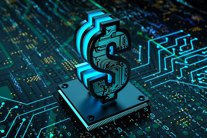 Digital dollar symbol on a circuit board.