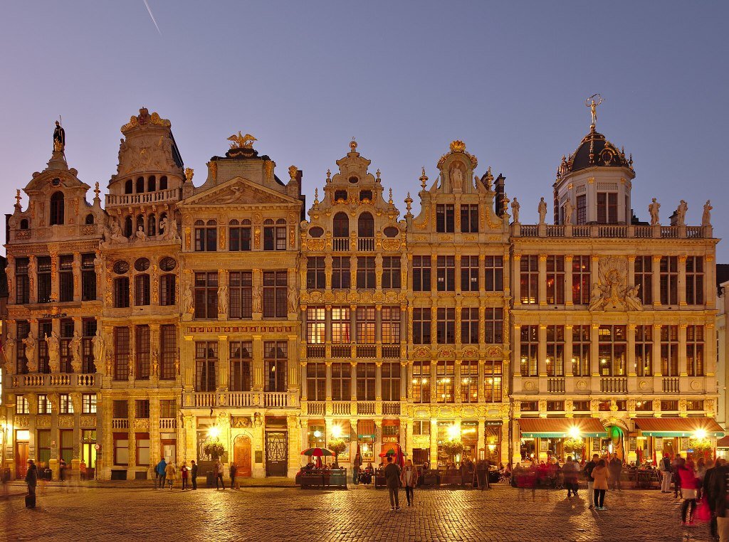 The Grand Place in Belgium, lit up at twilight.
