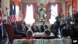 Vice President JD Vance (second from left) meets with British Foreign Secretary David Lammy (left) at Chevening House in Kent, England, on August 8.