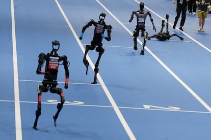 Humanoid robots from Unitree Robotics and Tiangong compete in the 100m final at the inaugural World Humanoid Robot Games.