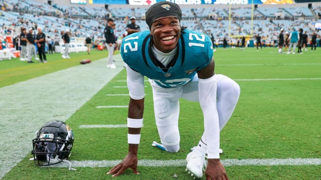 Jacksonville Jaguars rookie Travis Hunter stretches on the field ahead of their pres-season NFL game against the Pittsburgh Steelers
