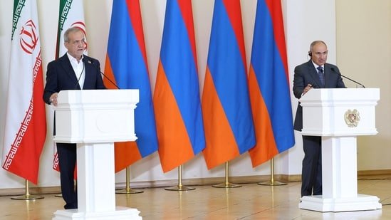 Armenian Prime Minister Nikol Pashinyan and Iranian President Masoud Pezeshkian address the media following their talks in Yerevan, Armenia, (REUTERS)