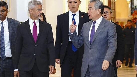 External affairs minister S. Jaishankar with Chinese foreign minister Wang Yi during a meeting in New Delhi. (@DrSJaishankar/via PTI)
