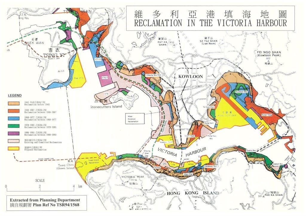 A map provided by the Society for Protection of the Harbour showing reclamation completed through the years and the proposed works by the government in the 2000s. Photo: Society for Protection of the Harbour