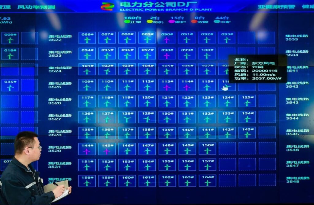 The main control room of a renewable energy plant in Holingol city, Inner Mongolia. The intermittent nature of China’s growing renewable energy base is pushing the country to reform its power systems (Image: CFOTO / Sipa US / Alamy)