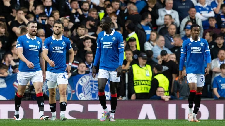 GLASGOW, SCOTLAND - AUGUST 19: (L-R) Rangers' John Souttar, Nicolas Raskin, Mohamed Diomande and Jayden Meghoma looks dejected during a UEFA Champions League Play-Offs First Leg match between Rangers and Club Brugge at Ibrox Stadium, on August 19, 2025, in Glasgow, Scotland.  (Photo by Alan Harvey / SNS Group)