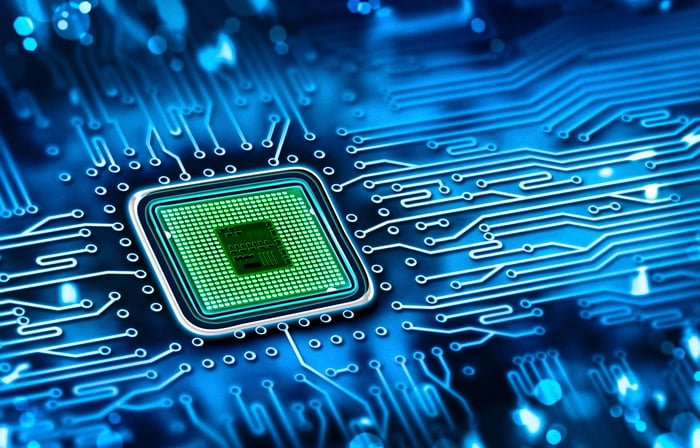 Blue semiconductor computer chip.