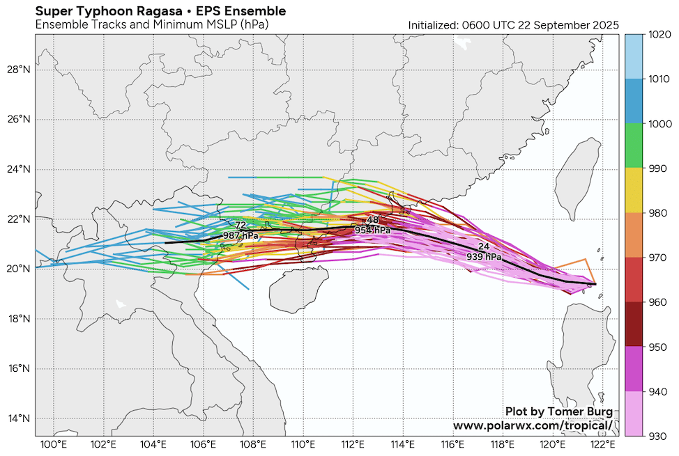 A map of the western Pacific and eastern China shows potential tracks of Super Typhoon Ragasa toward land