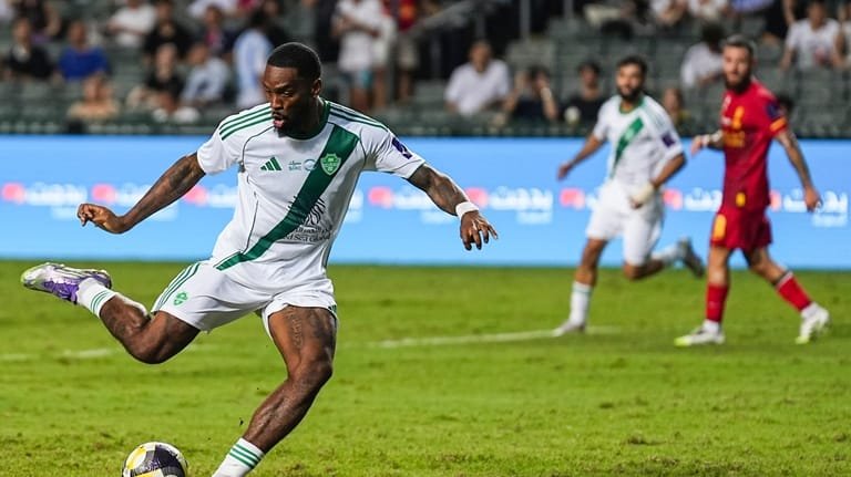 Al Ahli Saudi's Ivan Toney takes a shot during the...