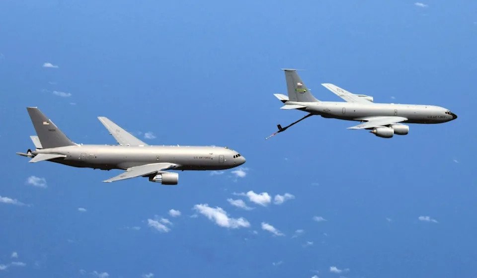 A KC-135, at right, prepares to link up with a KC-46, at left. <em>USAF</em>
