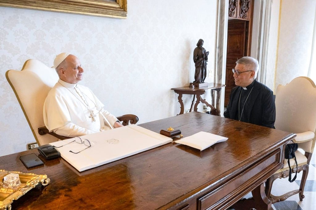 Pope Leo XIV (left) and Cardinal Stephen Chow during a meeting at the Apostolic Palace in the Vatican. Photo: Handout