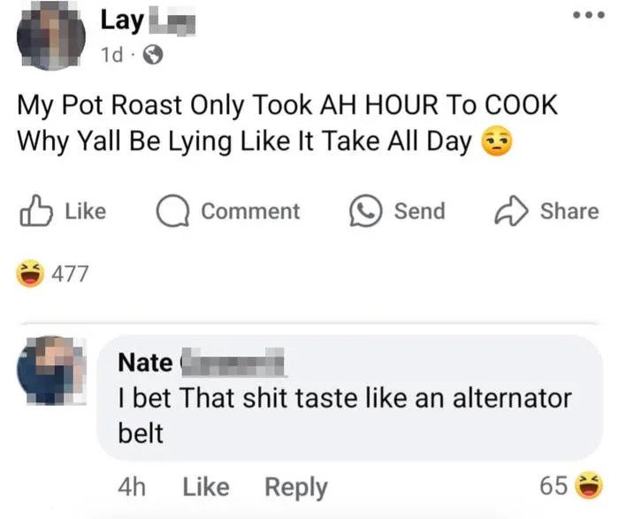Facebook post about pot roast cooking time with humorous comment suggesting it tastes machine-like