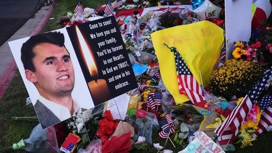 A memorial for Turning Point USA CEO and co-founder Charlie Kirk is seen at Utah Valley University, Saturday, Sept. 13, 2025, in Orem, Utah.(AP)