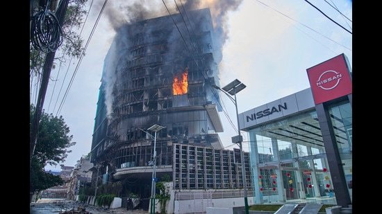 Flames rise from Hilton hotel after it was set on fire in Kathmandu, Nepal, Wednesday, Sept.10, 2025. (AP)