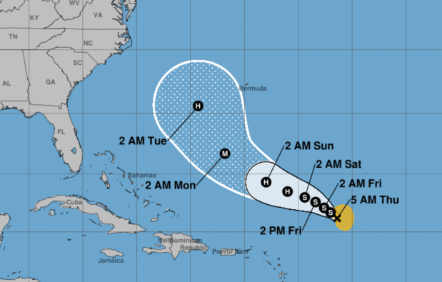 Here's the latest potential path of Tropical Storm Humberto as of Thursday morning. (National Hurricane Center/Courtesy)