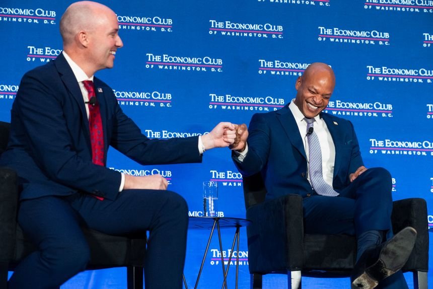 Govs. Wes Moore, D-Md., right, and Spencer Cox, R-Utah, participate in a discussion hosted by The Economic Club of Washington, D.C., on