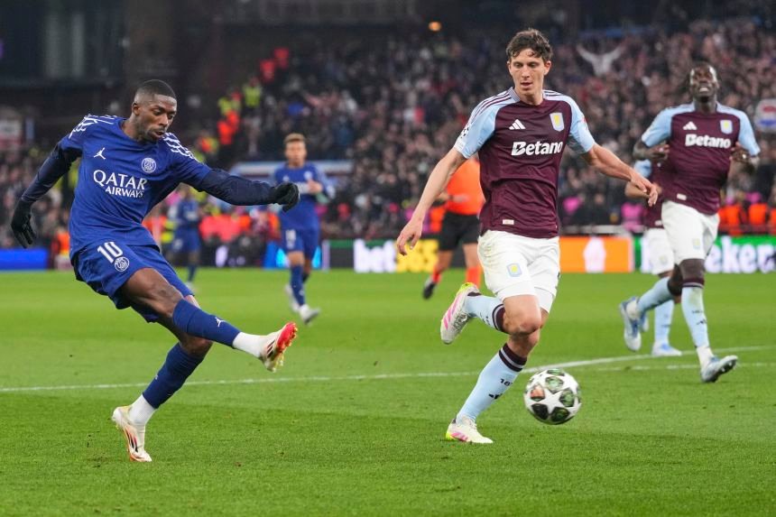 PSG's Ousmane Dembélé shoots against Aston Villa during a Champions League quarterfinal match in April.