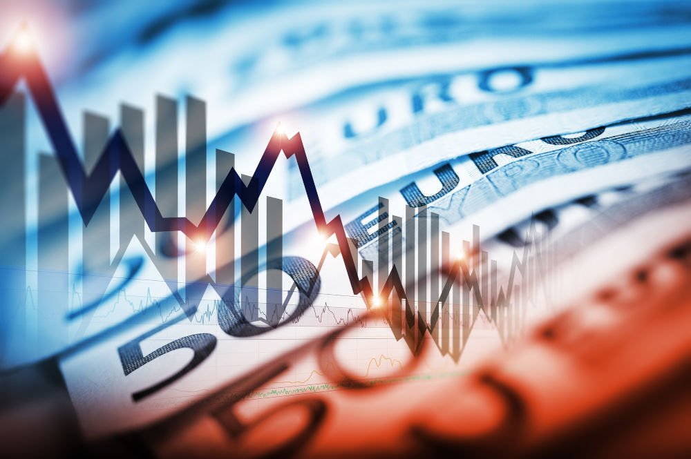 Euro Currency Trading Concept Illustration with Forex Line Graphs and Fifty Euro Banknotes. Trading Business Concept