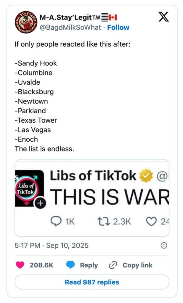 Tweet listing mass shootings and reactions, featuring embedded content from "Libs of TikTok" with text: "THIS IS WAR." Tweet shows engagement statistics