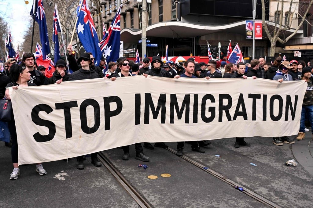 Protesters take part in a “March for Australia” anti-immigration rally in Melbourne on August 3. Photo: AFP