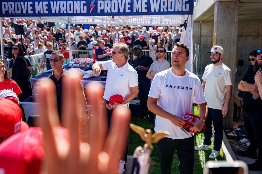 Charlie Kirk appears at Utah Valley University. The founder of Turning Point USA was speaking at his