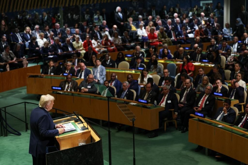President Donald Trump delivers remarks to the United Nations General Assembly at the UN headquarters in New York City on Tuesday.