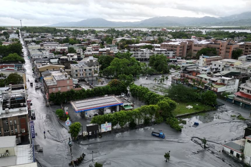 Mud is left in the streets as floodwaters recede in Hualien on September 24, 2025, following the bursting of a barrier lake.