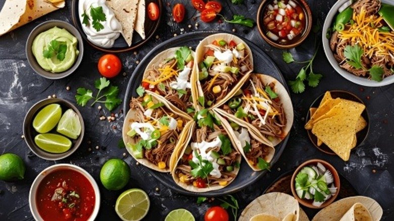 a variety of Mexican foods including tacos and bowls of guacamole, limes, pico do gallo, tortillas, crema, salsa and more