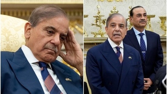 Pak PM Shehbaz Sharif and Pak Army Chief Asim Munir wait for US President Donald Trump at the Oval Office.(AP/Bloomberg)
