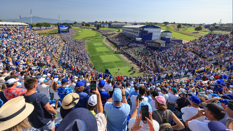 Jon Rahm on the first tee at Marco Simone Golf Club at the 2023 Ryder Cup